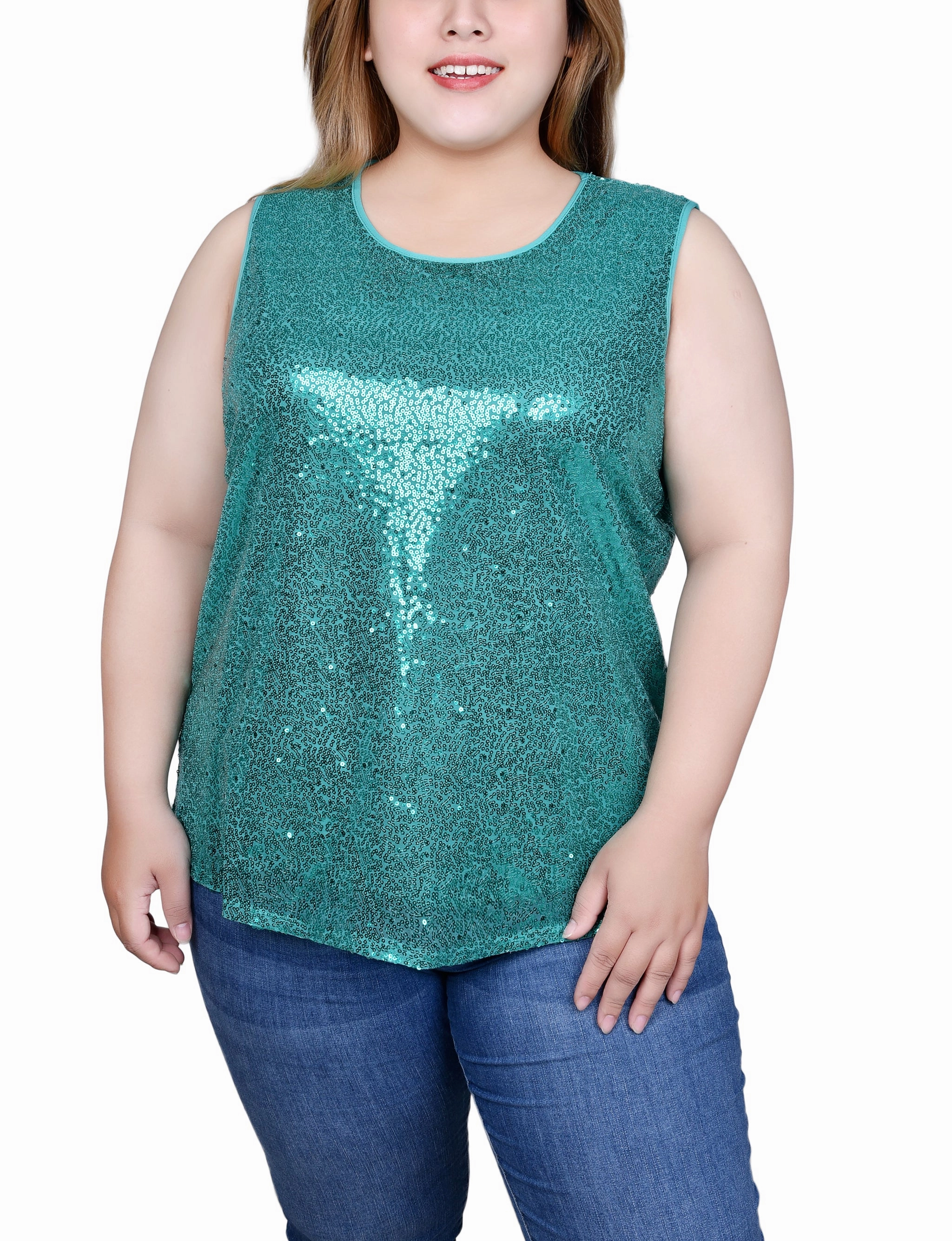 Odor Resistant Treatment Plus Size Sleeveless Sequined Tank Top With Combo Banding