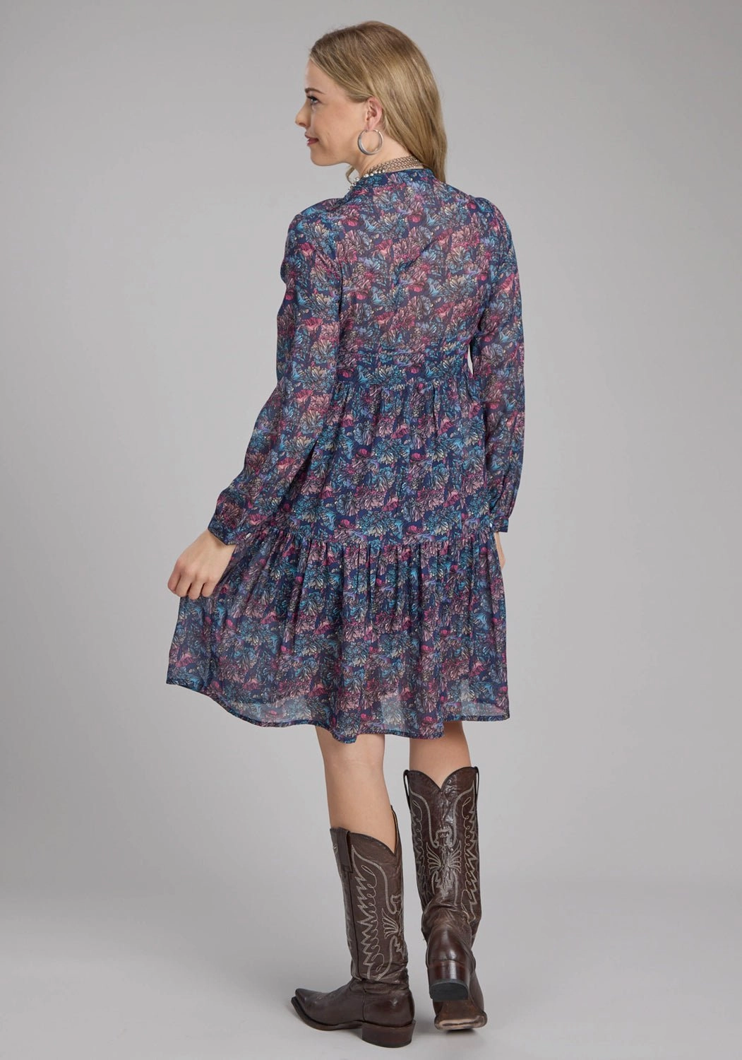 Breathable Layer Dimensional Jacquard Weave Roper Womens Gem Floral Multi-Color 100% Polyester L/S Dress