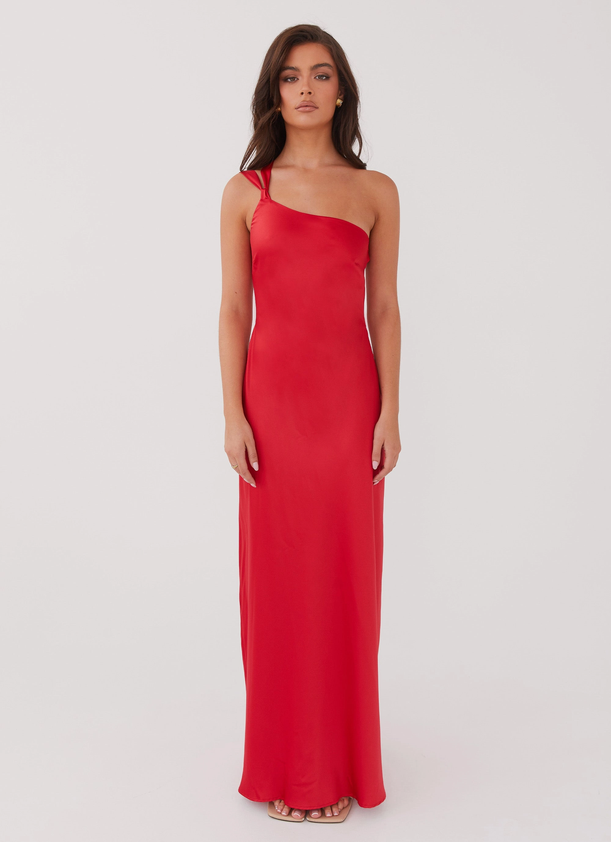 Delancy One Shoulder Maxi Dress - Rouge Red Faux Fur Coat