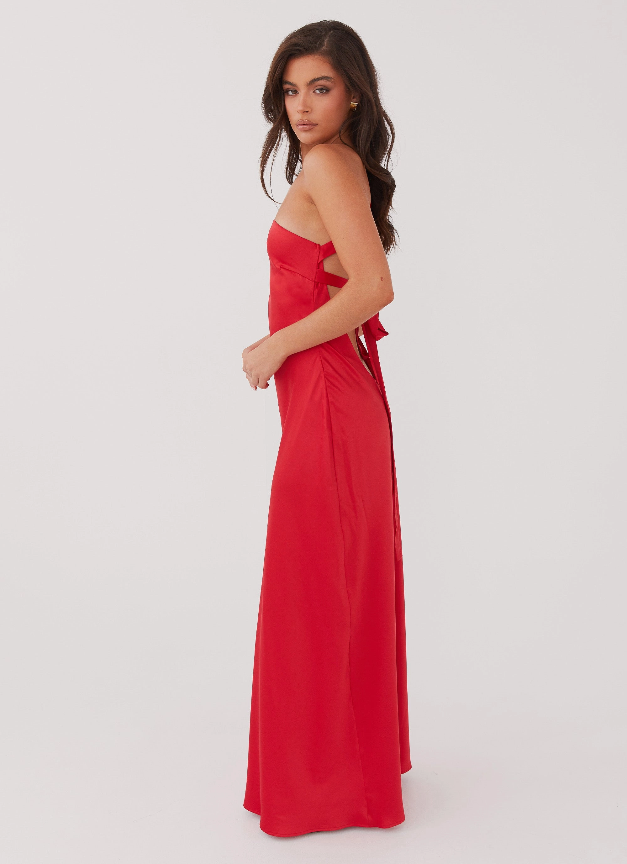 Delancy One Shoulder Maxi Dress - Rouge Red Chic Fashion Textured Finish