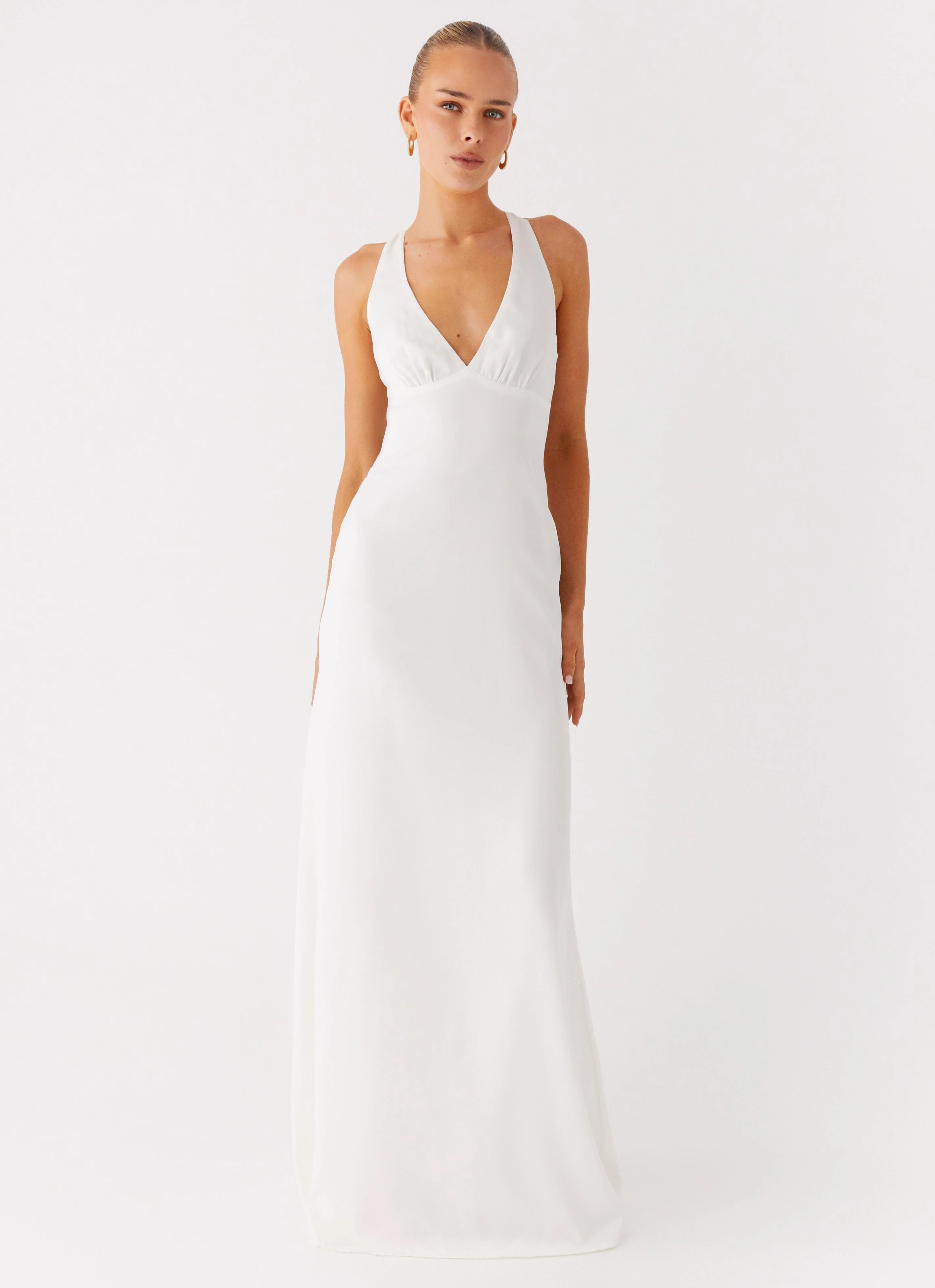 Desi Halterneck Maxi Dress - White Cold Day Outerwear Embellished Trim