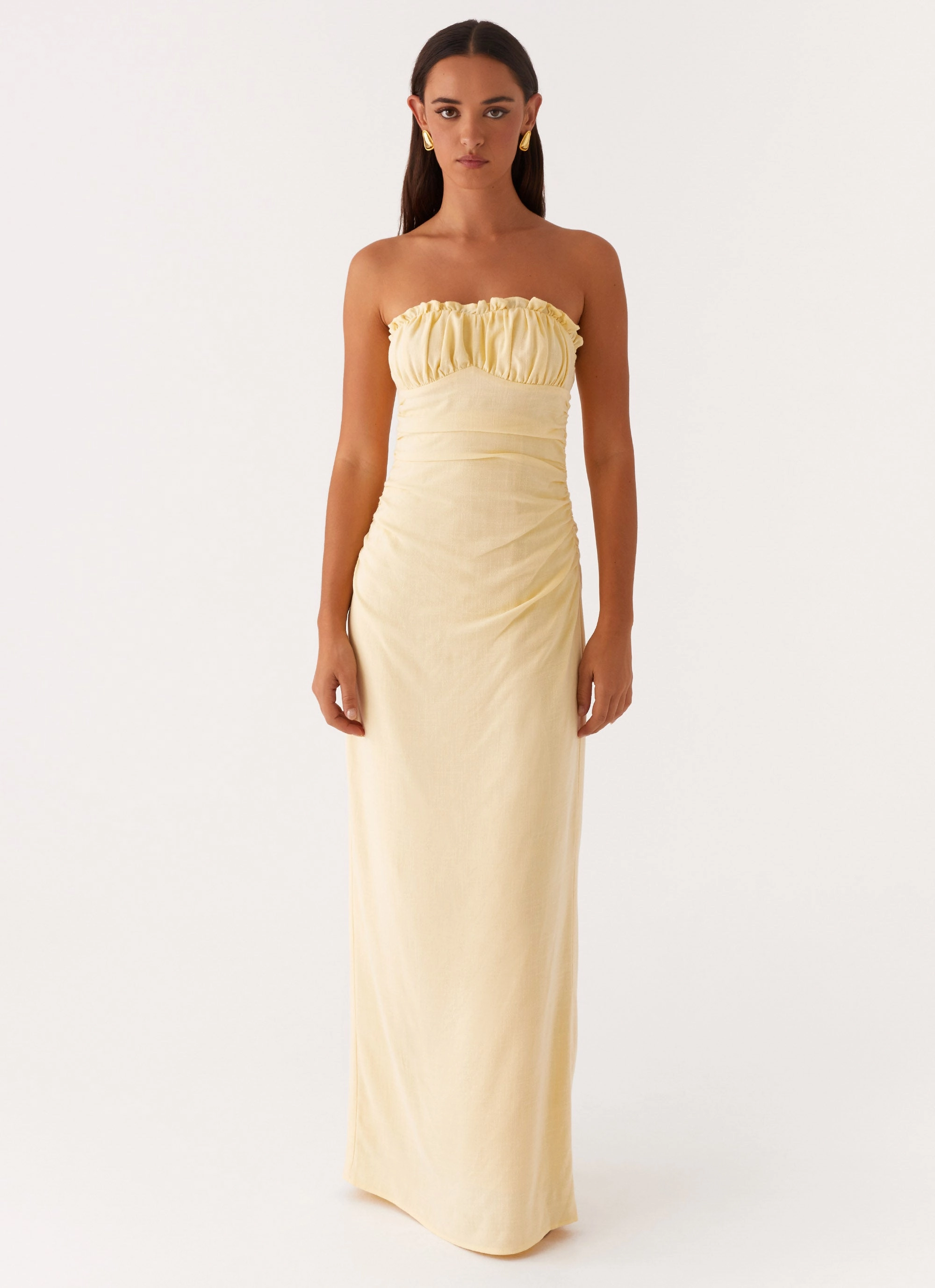 Xena Gathered Maxi Dress - Yellow Trendy Outerwear Runway Inspired