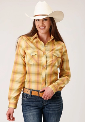 Neutral Tone Roper Womens 1511 Plaid Yellow/Tangerine Cotton Blend L/S Shirt