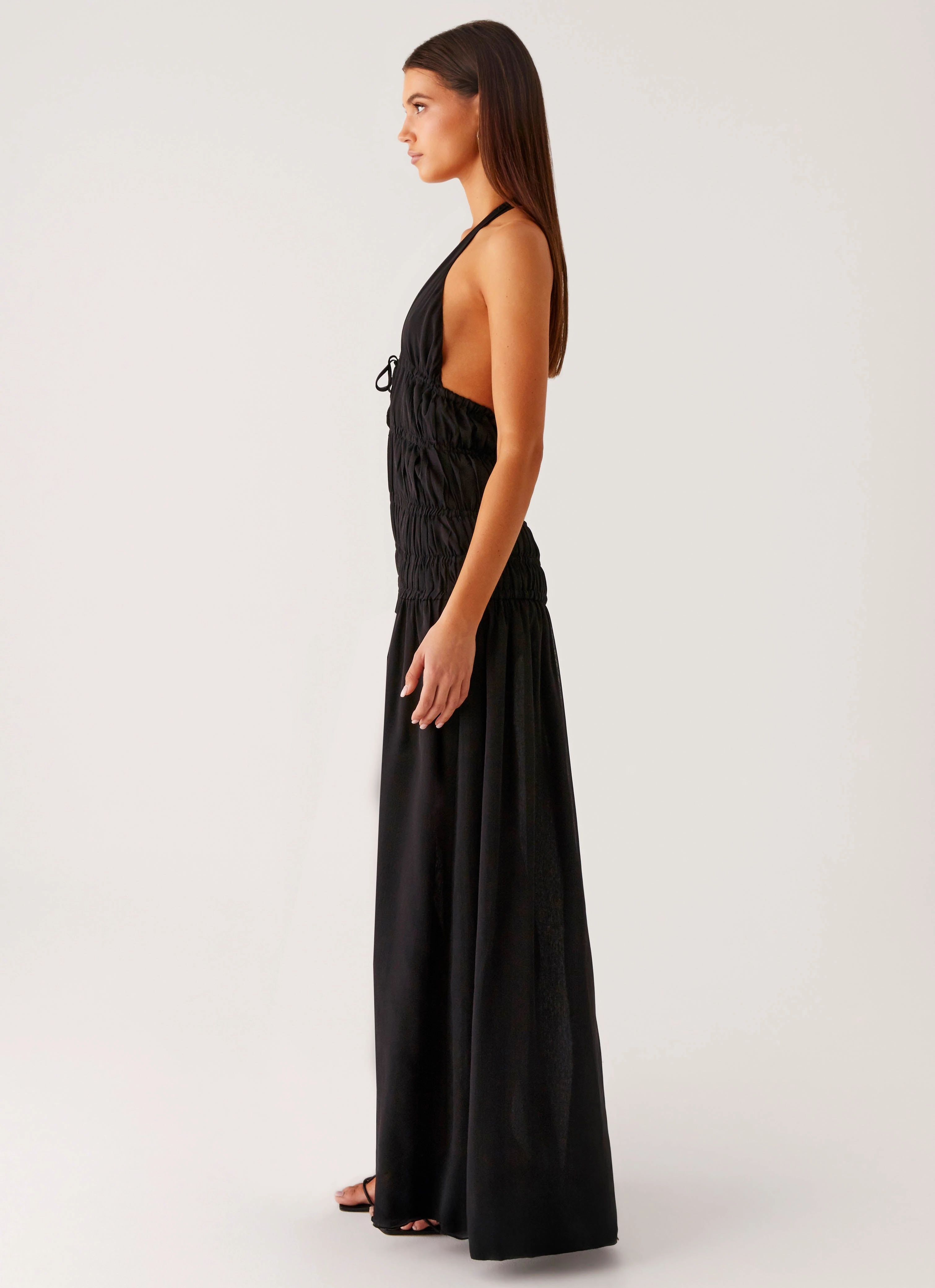 Dione Halter Maxi Dress - Black Elegant Evening Snap Button