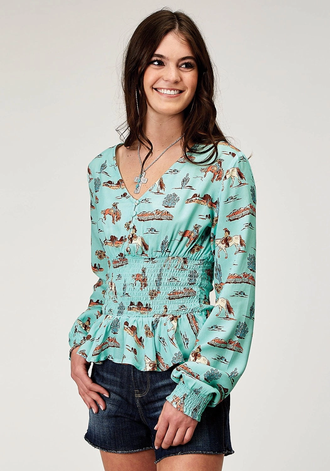 Roper Womens 1989 Desert Toile Blue 100% Rayon L/S Tunic Pure Cotton Local Favorite