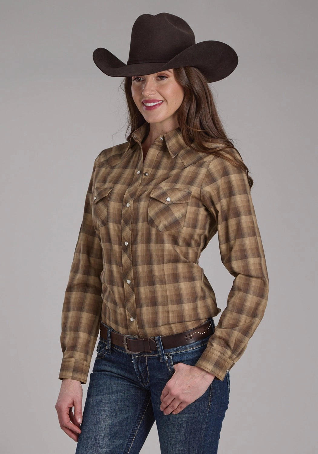 Roper Womens 2129 Ombre Plaid Brown/Tan Cotton Blend L/S Shirt Wrinkle-Resistant Reinforced Collar