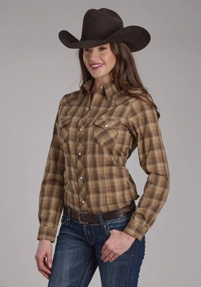Roper Womens 2129 Ombre Plaid Brown/Tan Cotton Blend L/S Shirt Wrinkle-Resistant Reinforced Collar