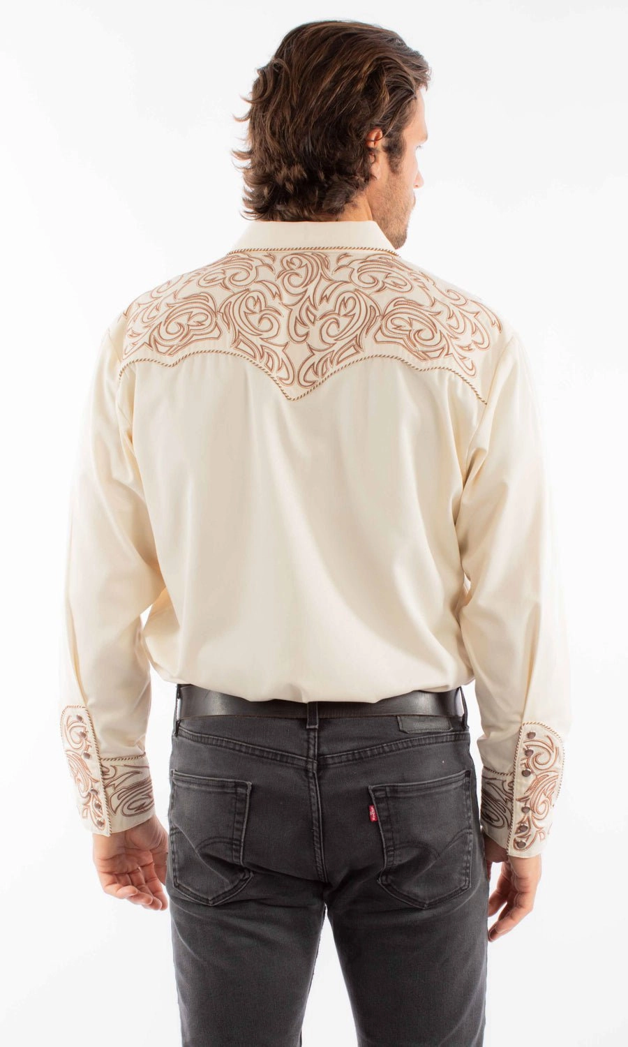 Travelers Choice Scully Mens Embroidered Scroll Cream Poly/Rayon L/S Shirt