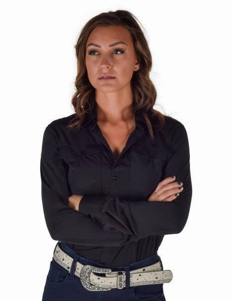 Polished Finish Cowgirl Tuff Womens Breathe Pullover Black Nylon L/S Shirt