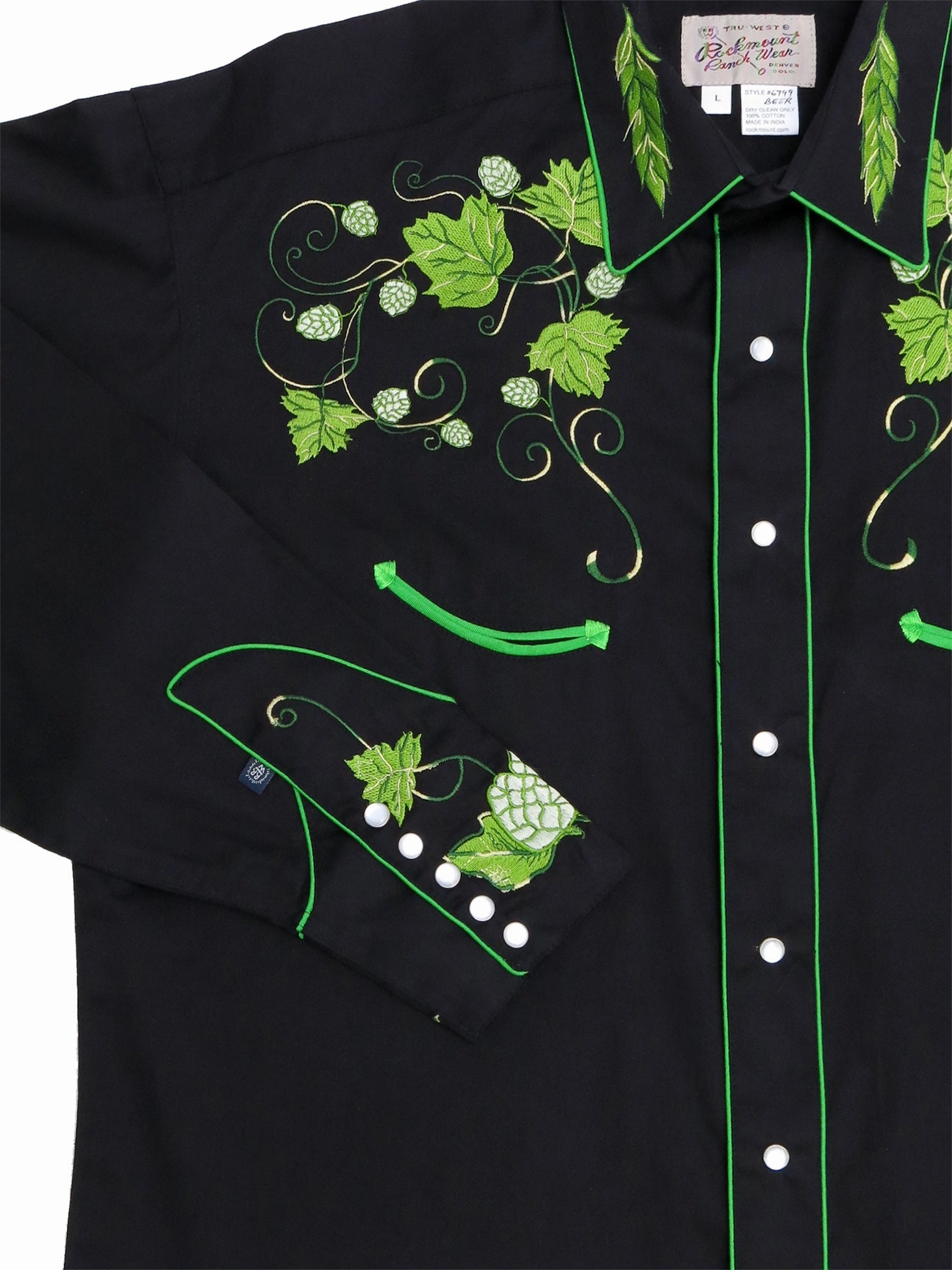 Tall friendly Rockmount Mens Black 100% Cotton L/S Western Shirt Vintage Hops Embroidered
