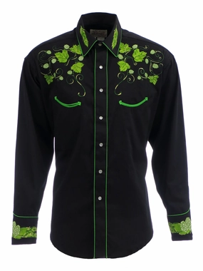Stretch Fabric Anti Static Lining Rockmount Mens Black 100% Cotton L/S Western Shirt Vintage Hops Embroidered
