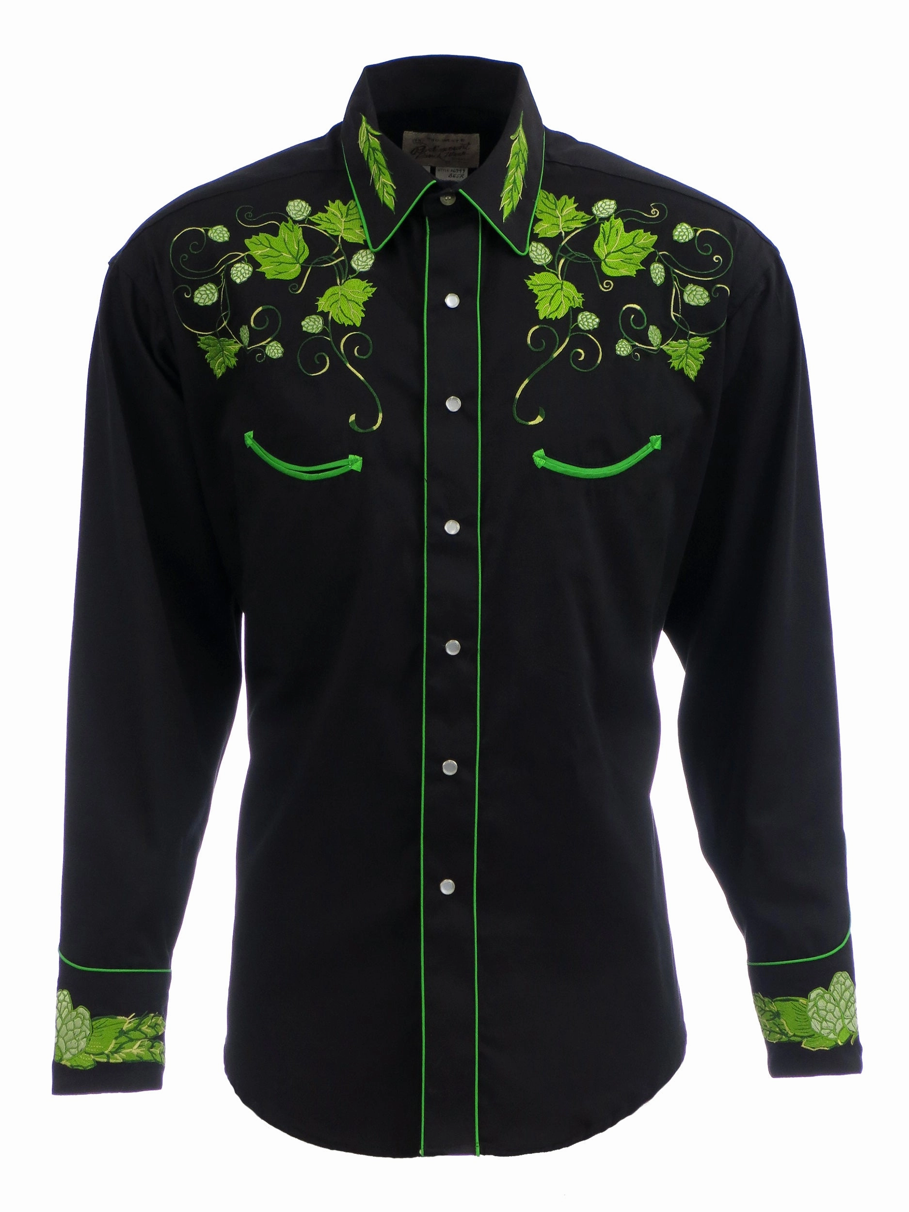 Stretch Fabric Anti Static Lining Rockmount Mens Black 100% Cotton L/S Western Shirt Vintage Hops Embroidered