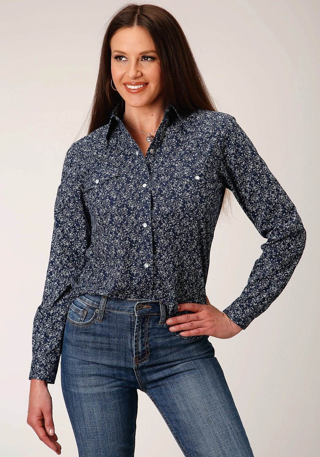 Subtle pattern Printed design Roper Womens 1498 Floral Navy/White Cotton Blend L/S Shirt