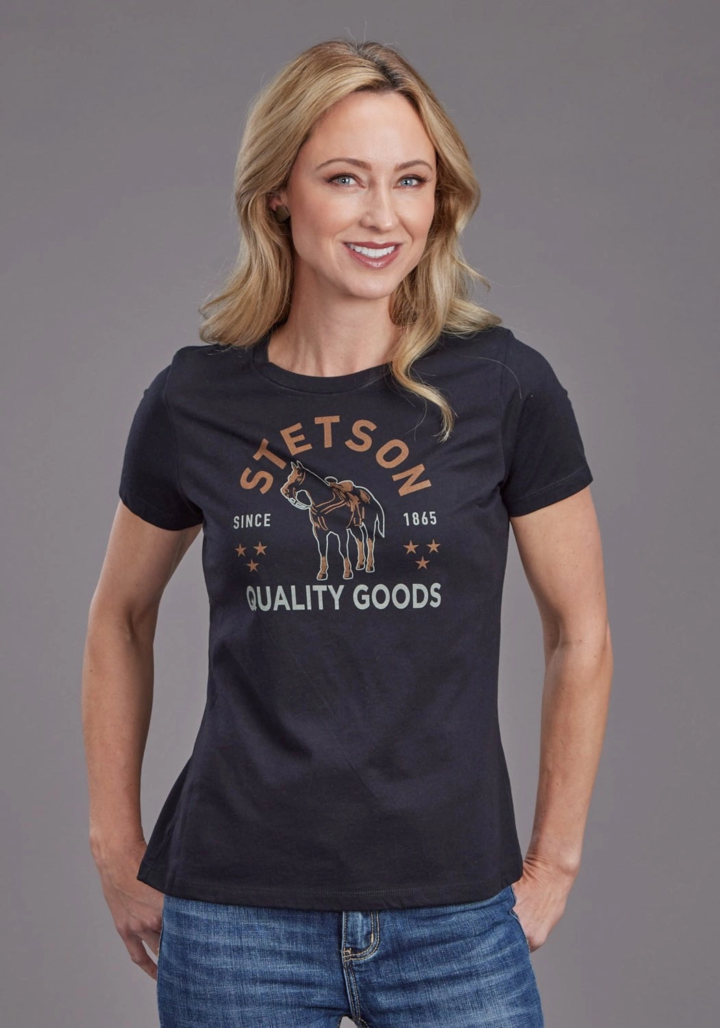 quick dry Budget Friendly Stetson Womens Quality Goods Horse Black Polyester S/S T-Shirt