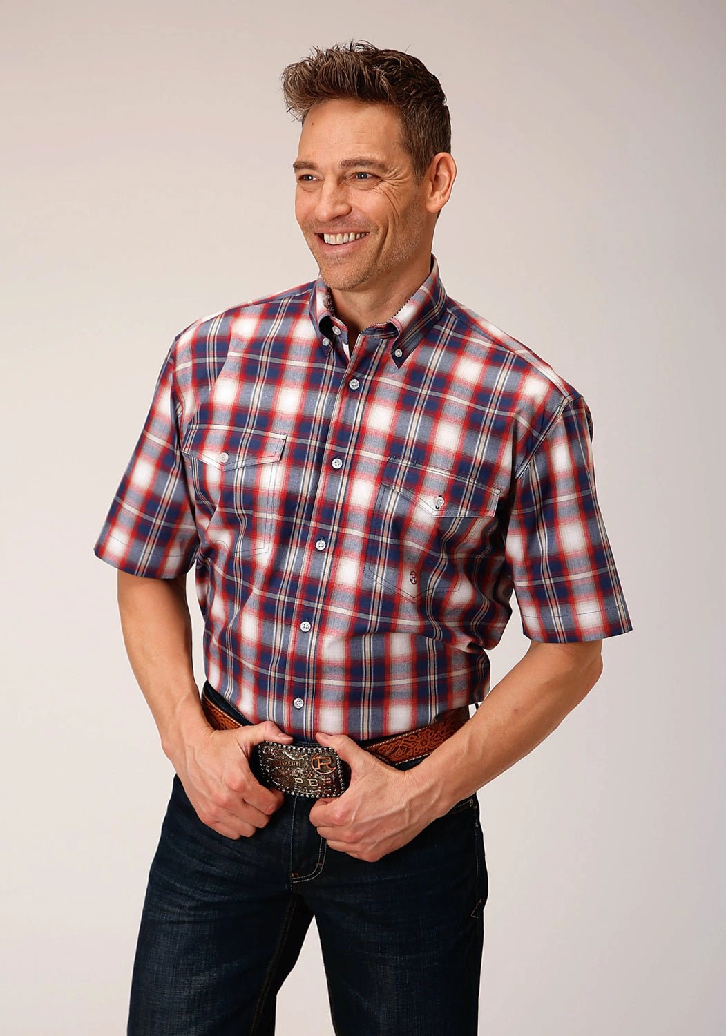 Custom Fit Stretchable Fabric Roper Mens 1553 Independence Plaid Blue 100% Cotton Btn S/S Shirt