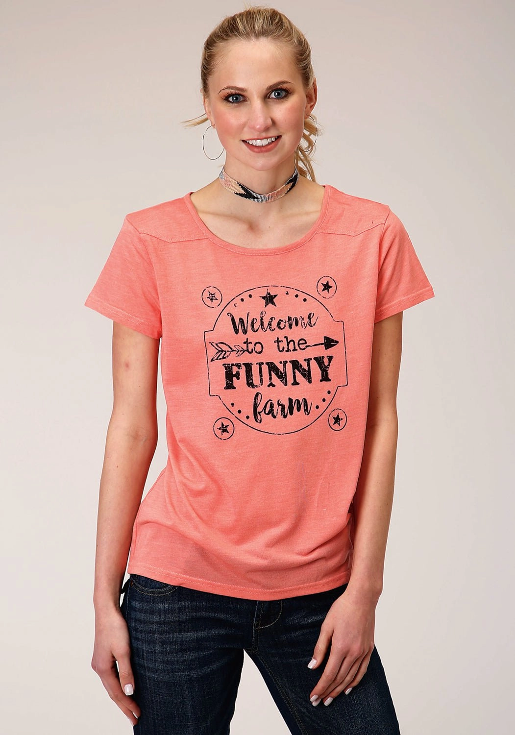 Roper Womens Funny Farm Pink Poly/Rayon S/S T-Shirt Printed Pattern