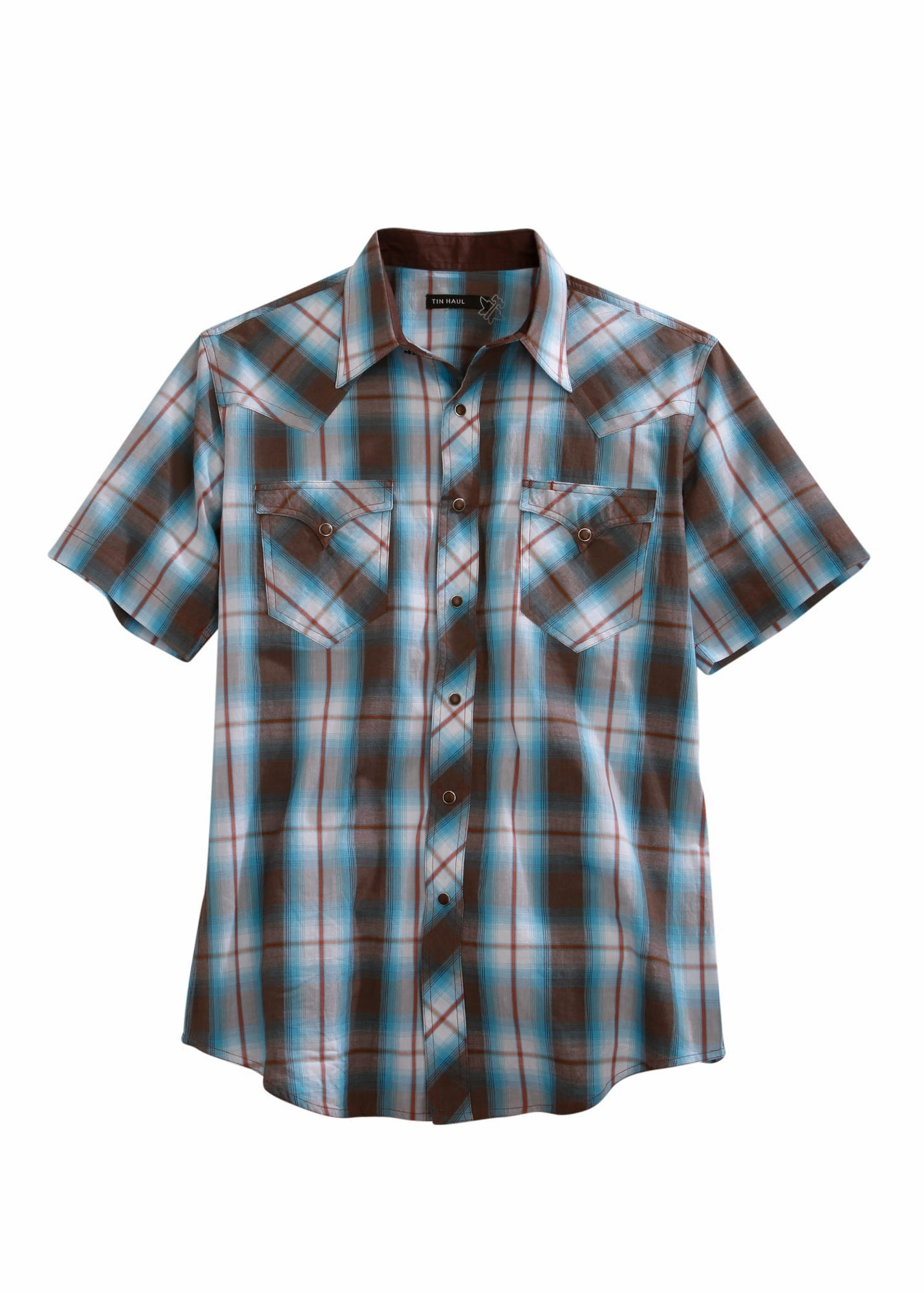 Tin Haul Mens Brown 100% Cotton Turquoise Plaid S/S Shirt Wardrobe Staple