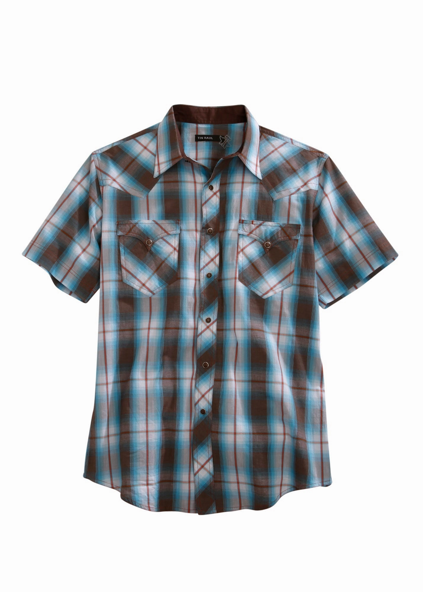 Anti Pilling Surface Functional Wear Tin Haul Mens Brown 100% Cotton Turquoise Plaid S/S Shirt