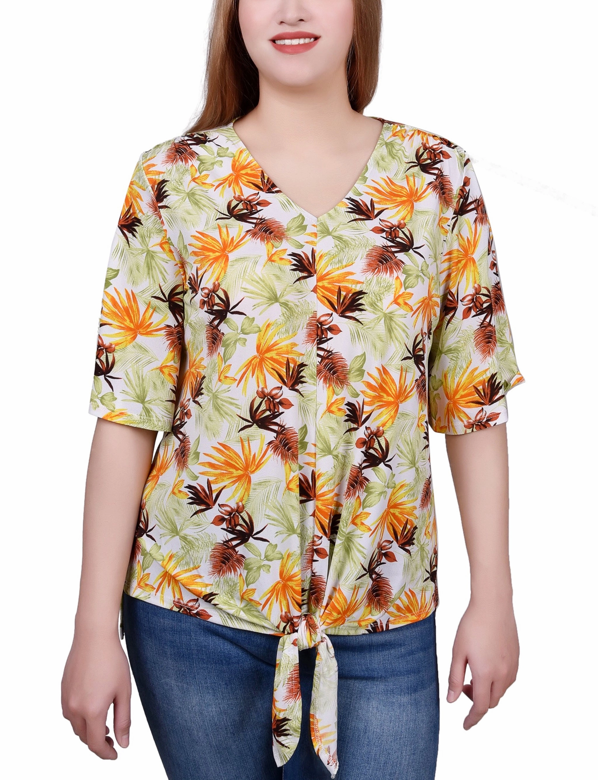 Petite Elbow Sleeve Tie-Front Top StretchableKnit