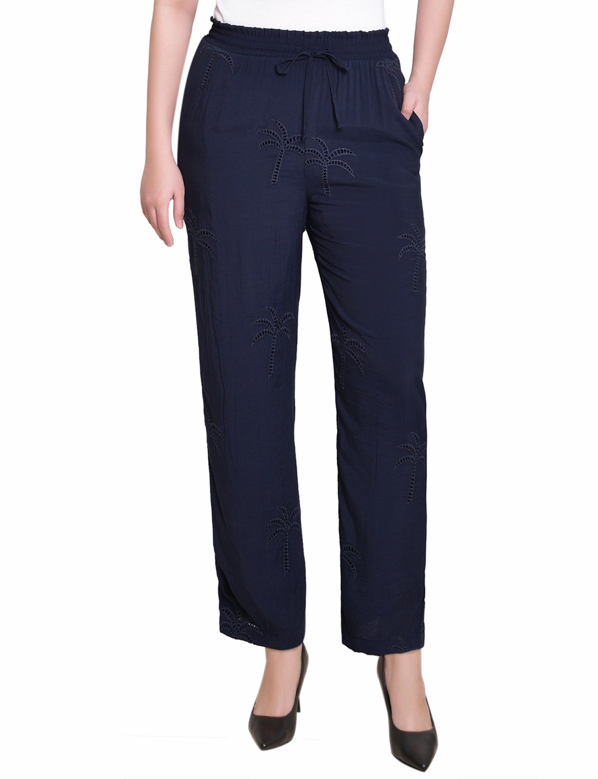 Abrasion Resistant Surface Chilly Day Wear Pull On Pants With Embroidery