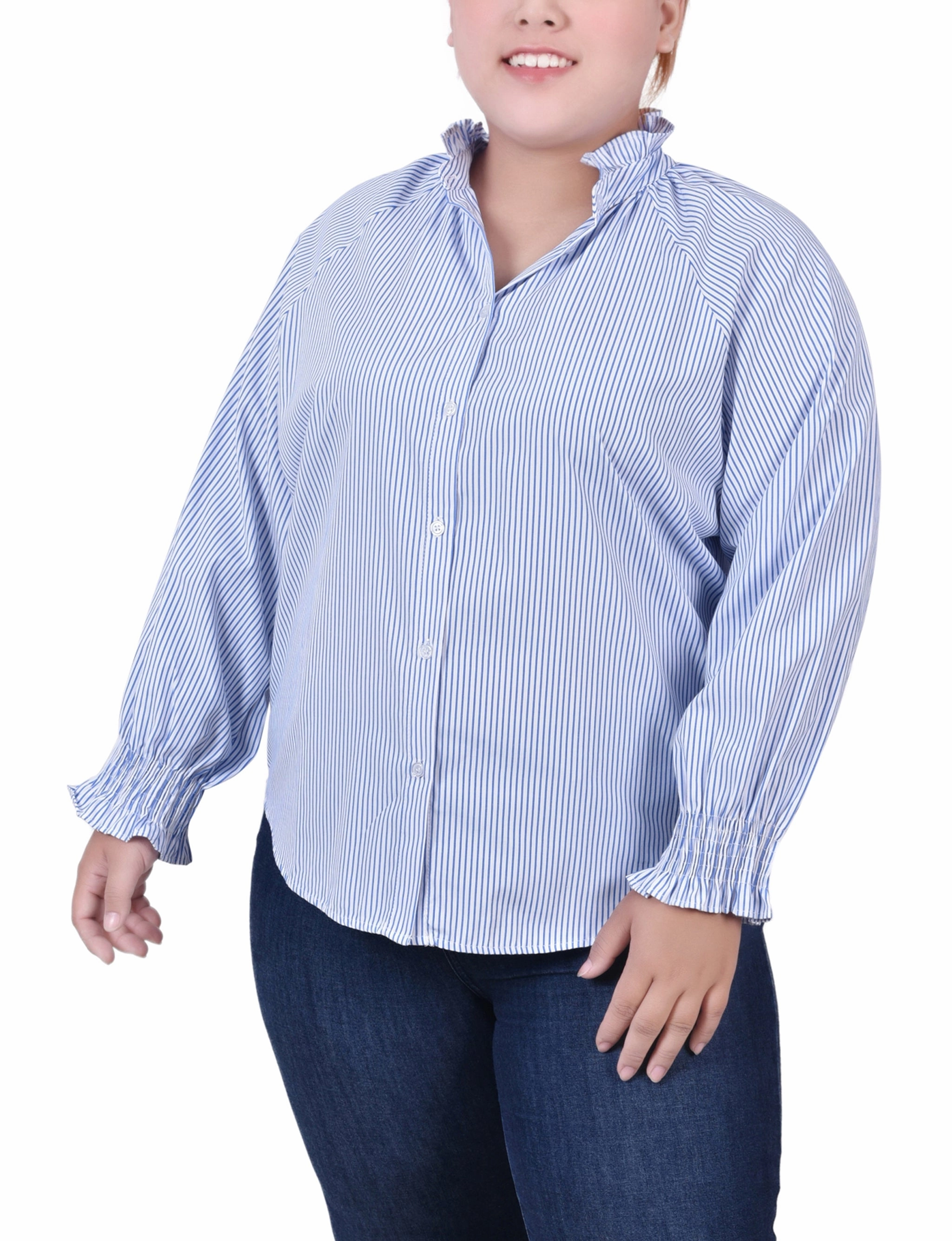 Plus Size Long Sleeve Button Front Blouse VersatileNeckline Adjustable Cuff