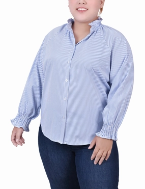 TaglessNecklineComfort PunctureResistantReinforcement Plus Size Long Sleeve Button Front Blouse