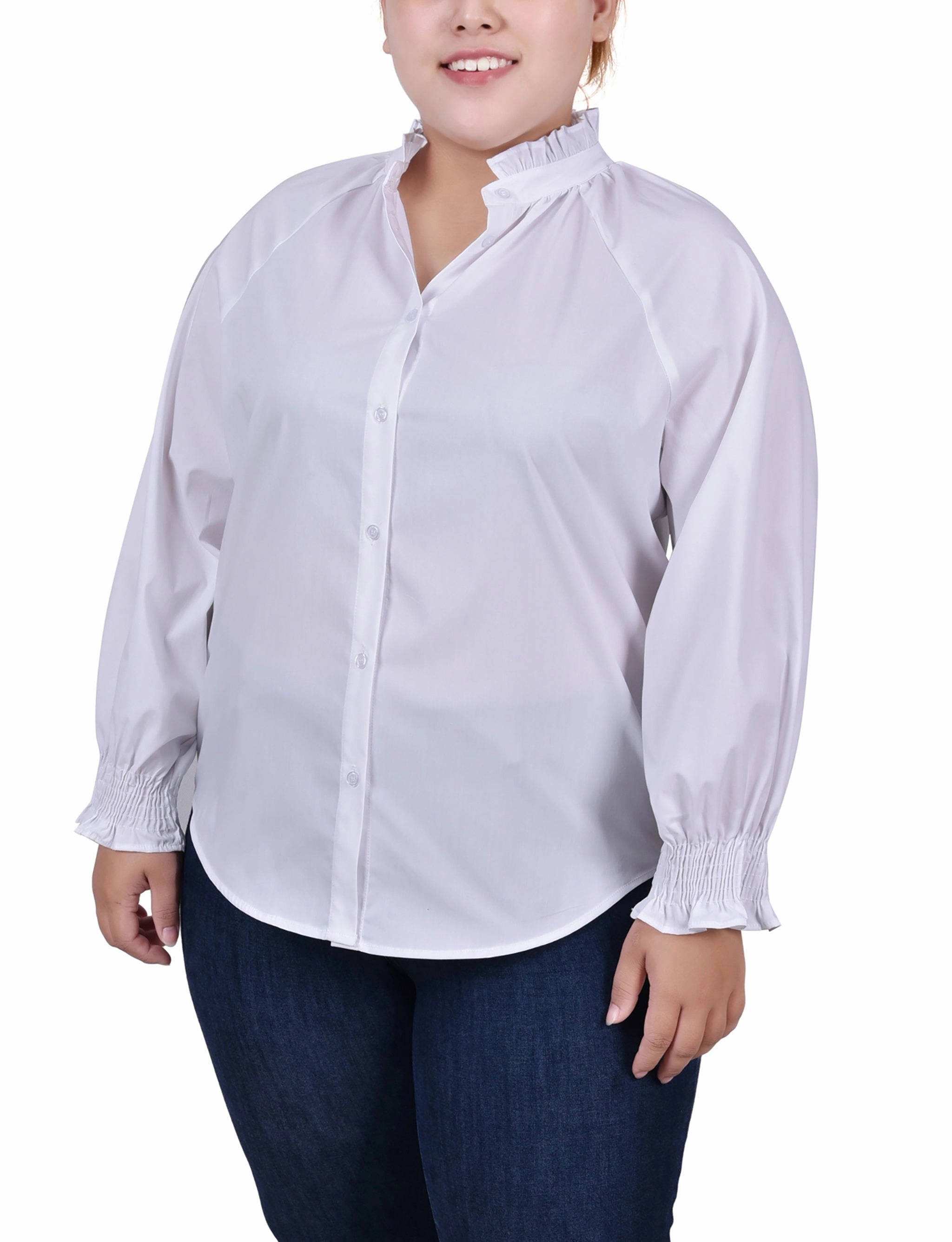 Microfiber texture NonChafe Lining Plus Size Long Sleeve Button Front Blouse