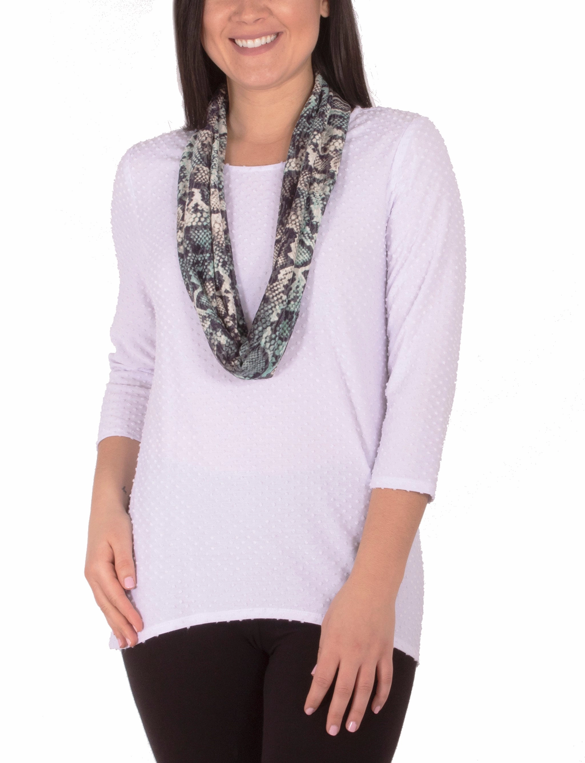 3/4 Sleeve Jewel Neck Top With Scarf Flexible Neckline Snag Resistant Surface