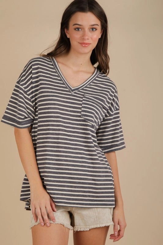 Willow Oversized Stripe Casual V-neck Knit Top Bonded Hemline