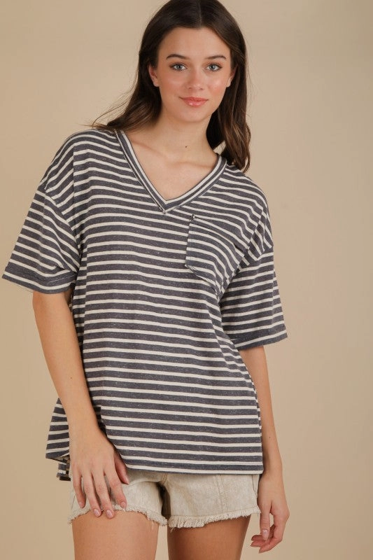 Flatlock Stitching Technique Willow Oversized Stripe Casual V-neck Knit Top