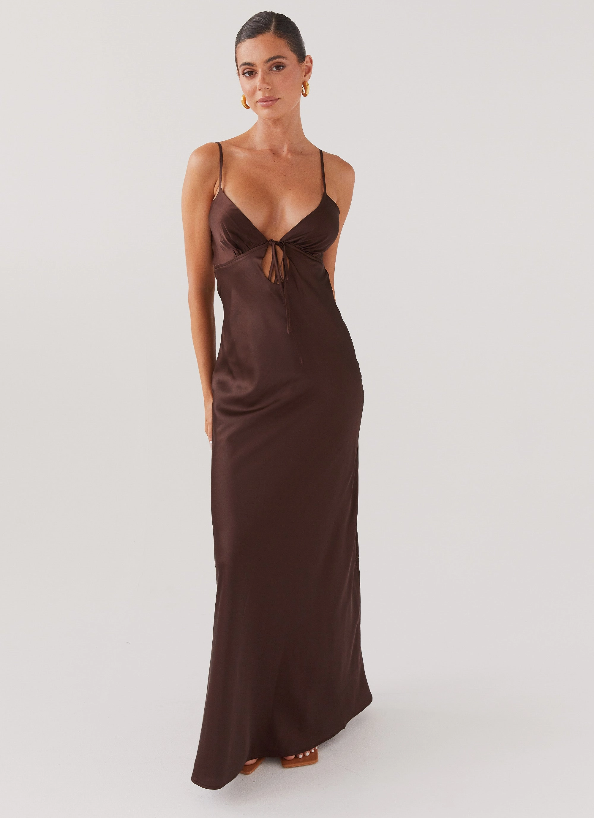 Vegan Fabric Flora Satin Maxi Dress - Chocolate