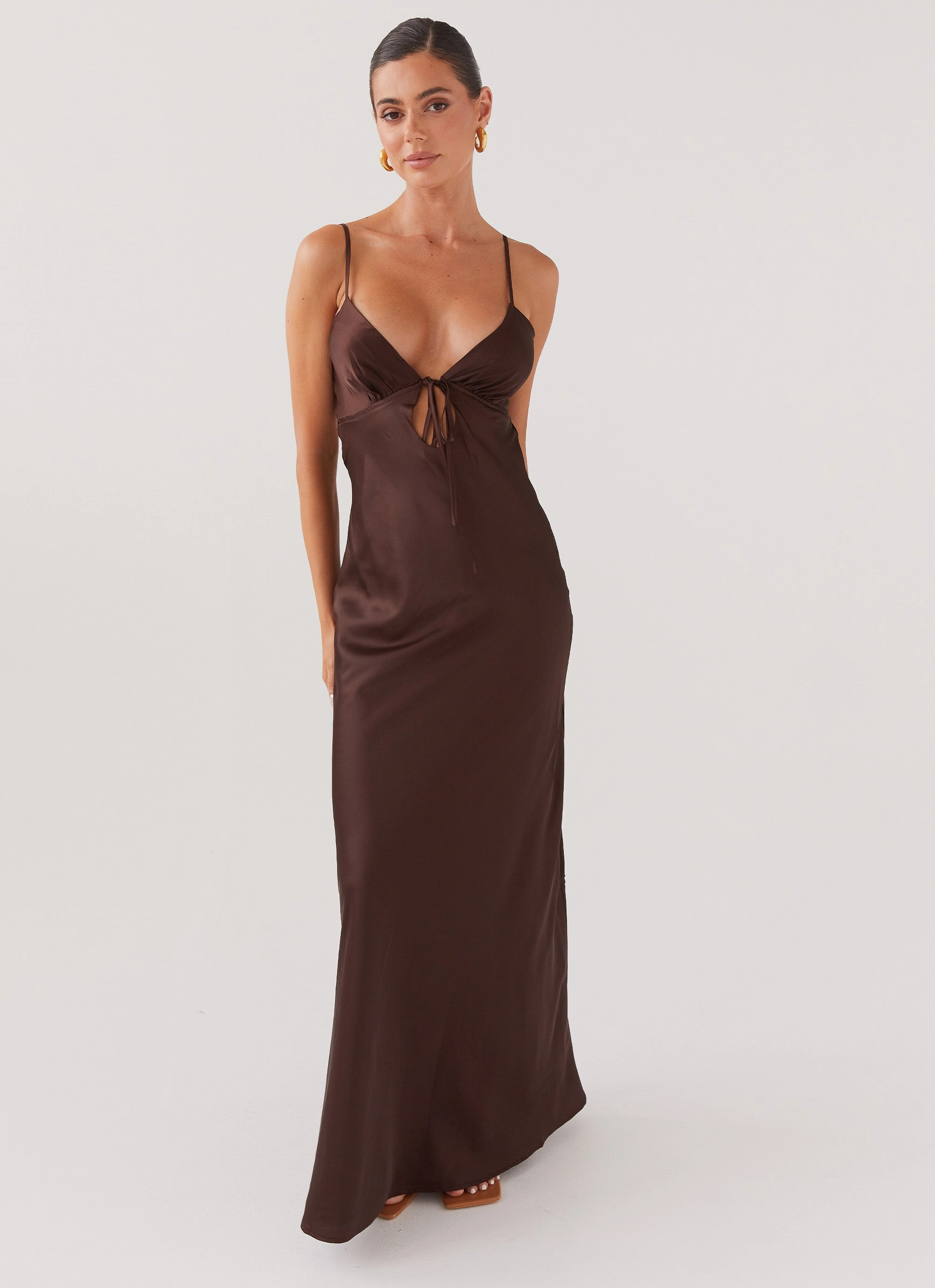 Runway Inspired Flora Satin Maxi Dress - Chocolate