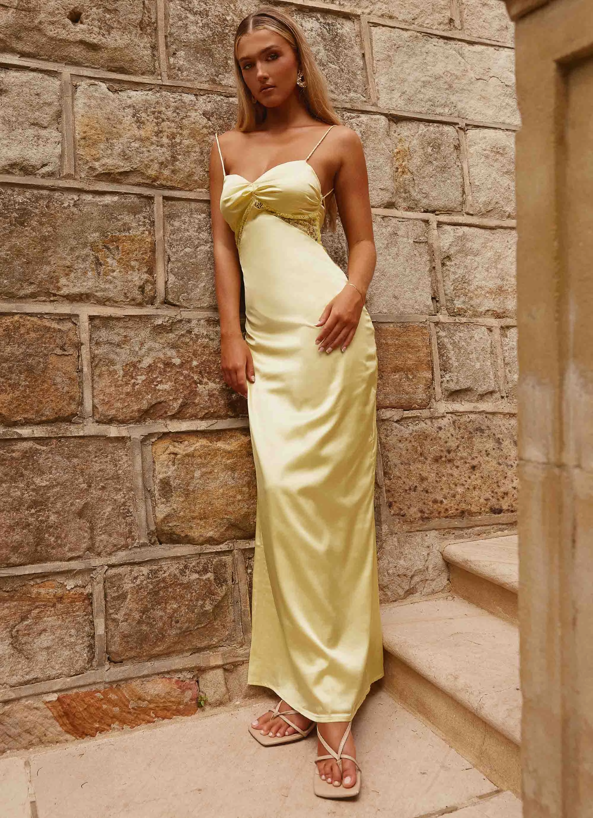 Casual Fashion Dream Sight Lace Satin Maxi Dress - Lemon