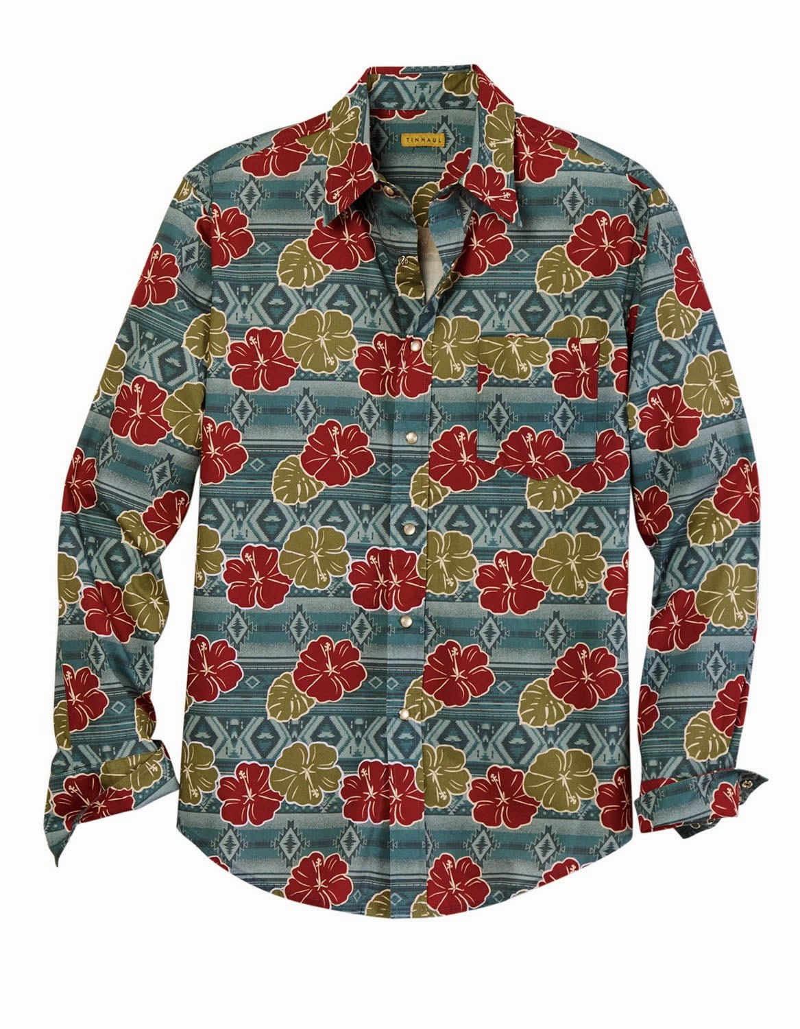 Polished Placket Button-up Tin Haul Mens Tropical Aztec Multi-Color 100% Cotton L/S Shirt