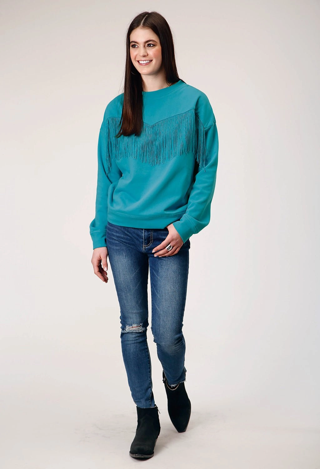 hypoallergenic Soft and Stylish Roper Womens Fringe Turquoise 100% Cotton Sweatshirt