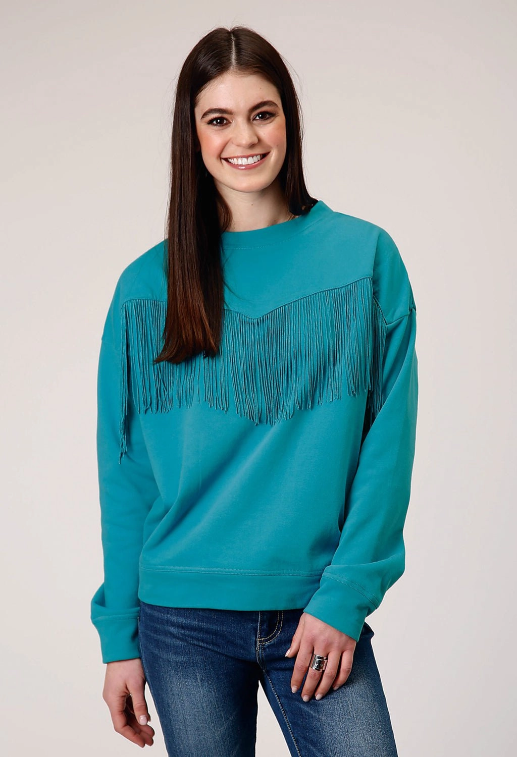 Roper Womens Fringe Turquoise 100% Cotton Sweatshirt High Twist Yarn Structure
