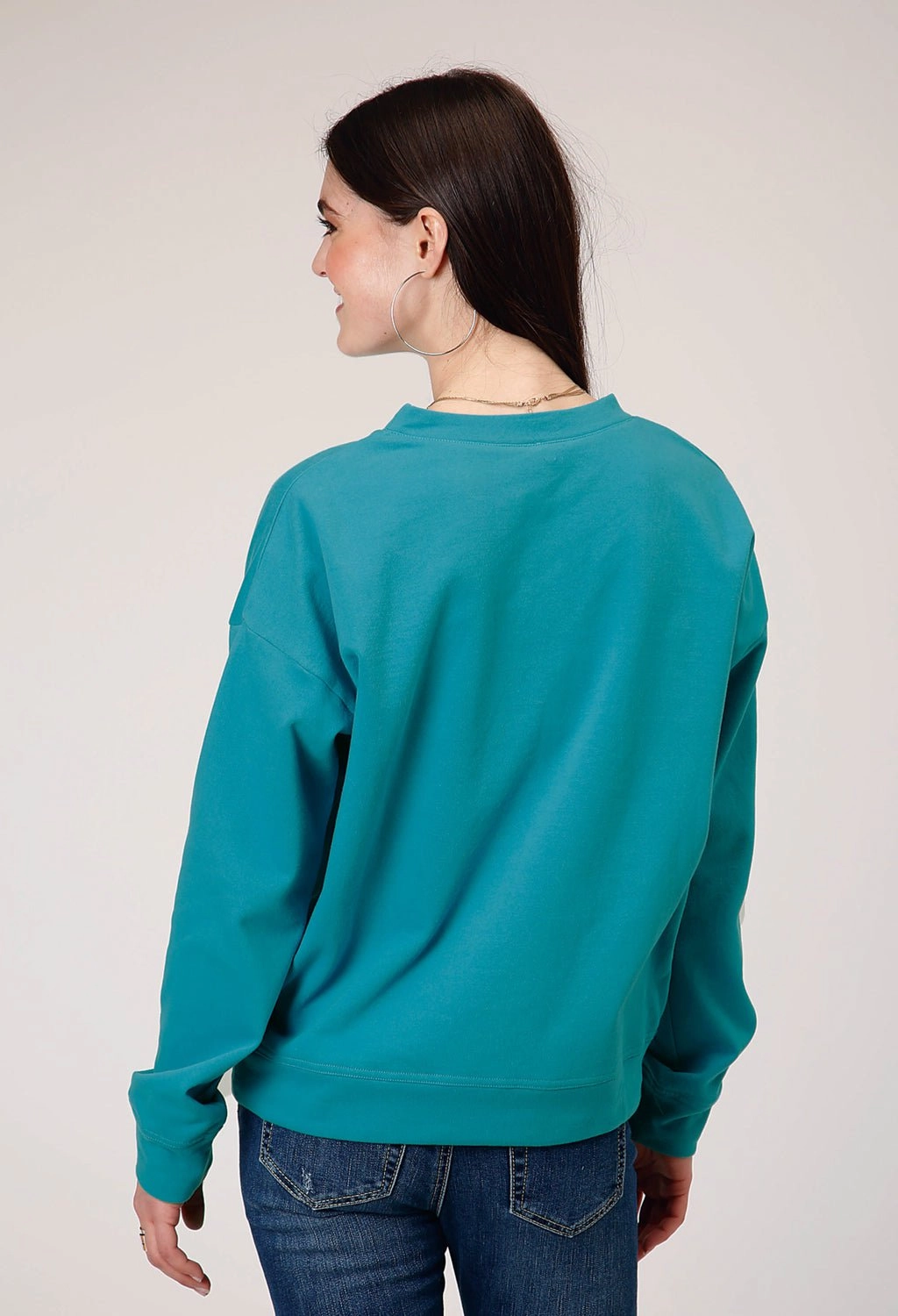 Flex Knit Ribbing Roper Womens Fringe Turquoise 100% Cotton Sweatshirt
