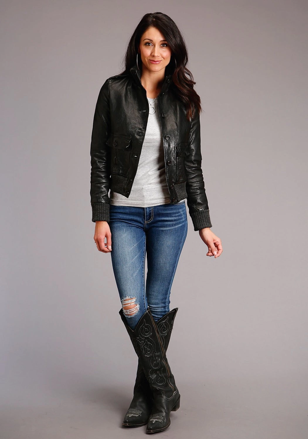 All Season Minimalist Aesthetic Stetson Womens Black Lamb Leather Military Button Jacket