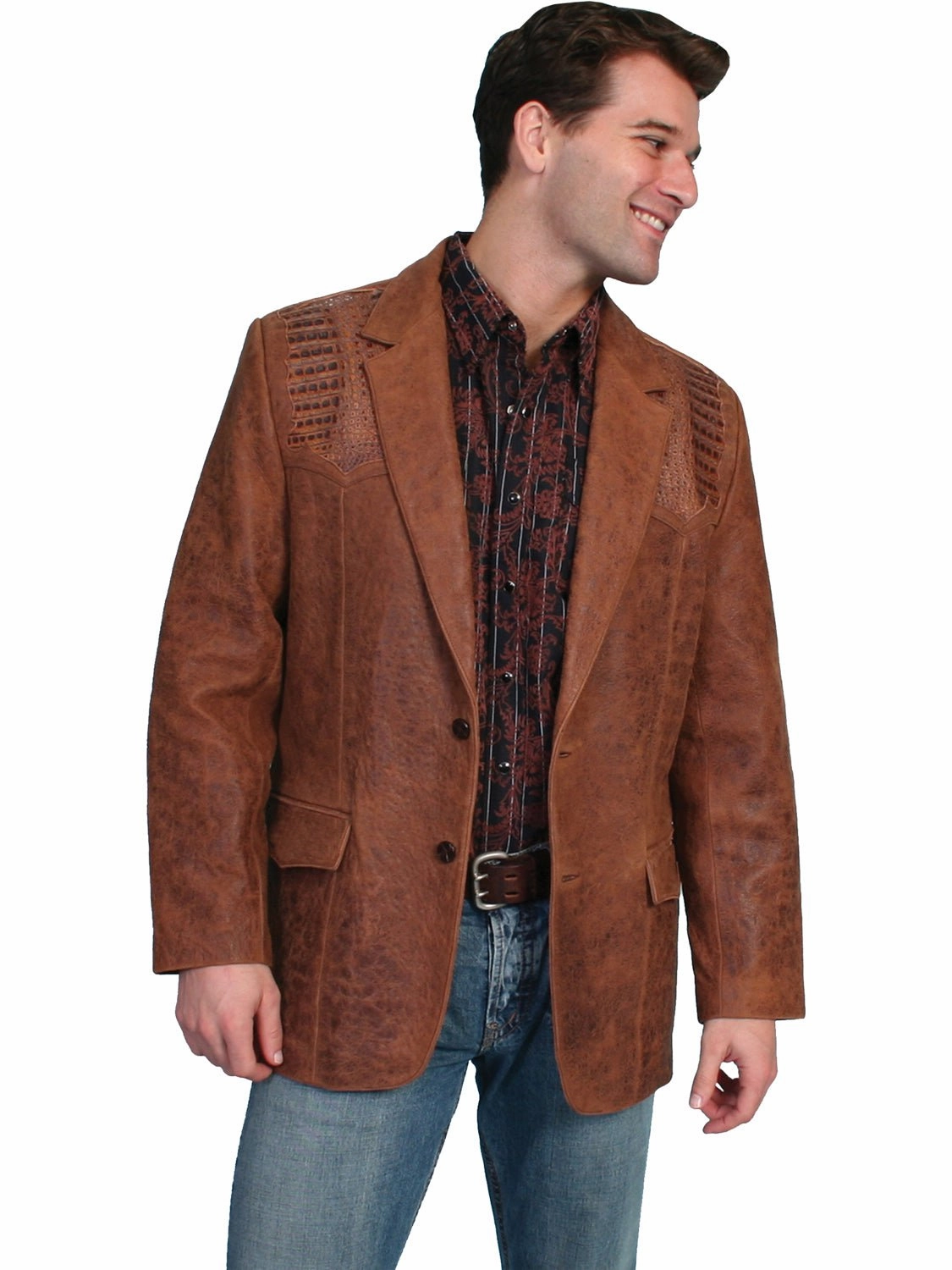 Outer Chill Piece Scully Leather Mens Lambskin Caiman Inlays Two Button Blazer Brown