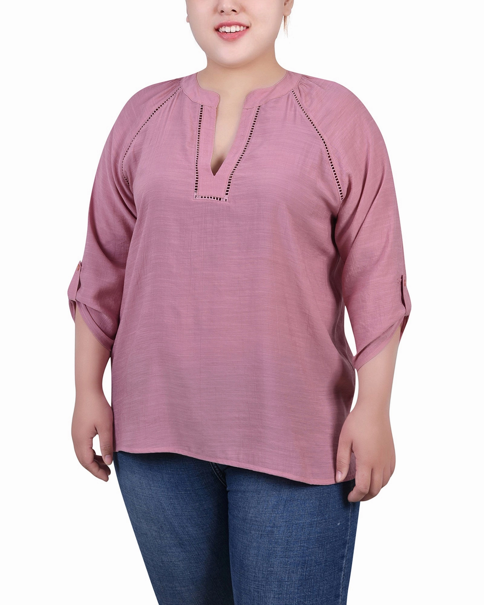 Everyday Comfort Light Reflective Printing Plus Size Raglan Sleeve Split Neck Blouse