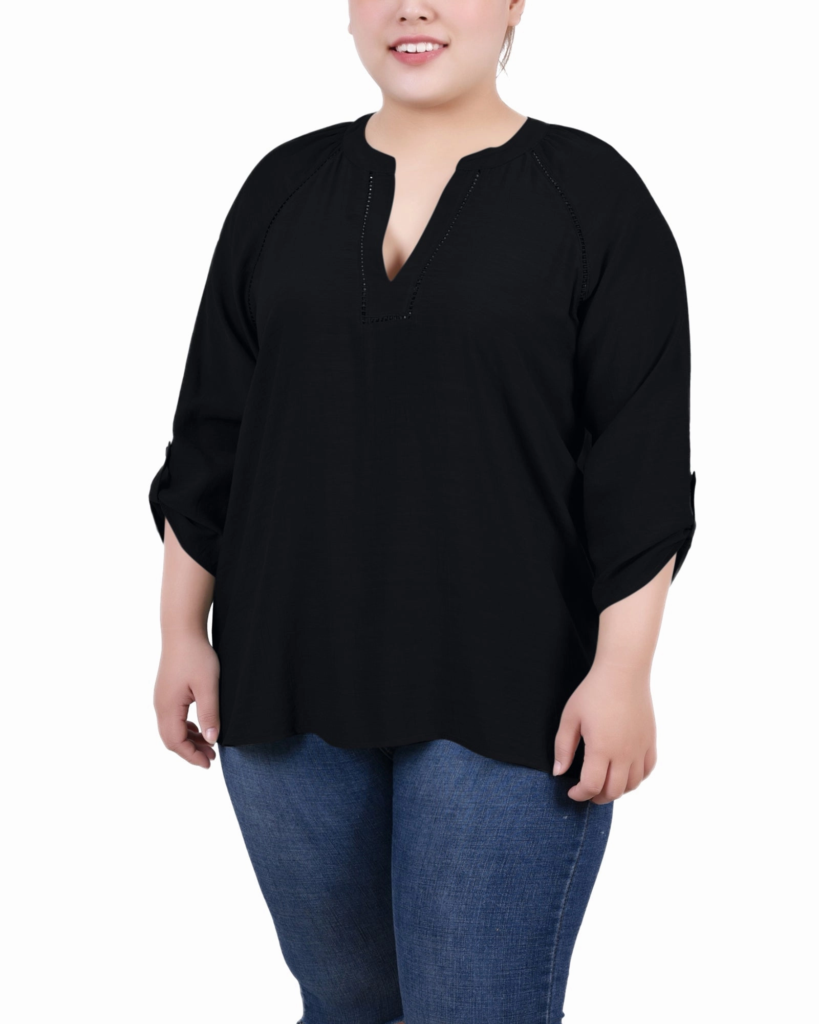 Plus Size Raglan Sleeve Split Neck Blouse Durable Interlock Stitch