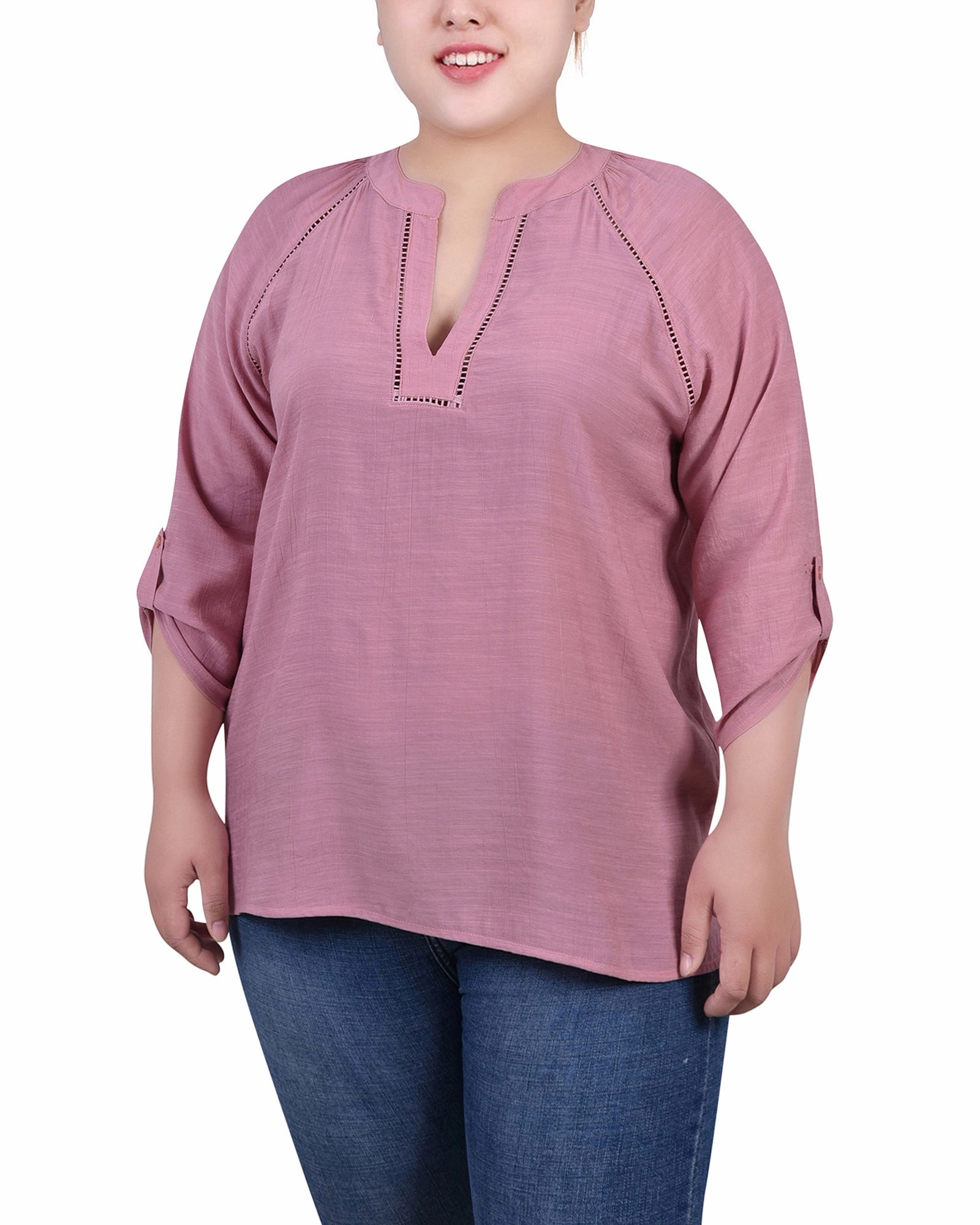 Plus Size Raglan Sleeve Split Neck Blouse NonSlip Grip Tape Basic Tee