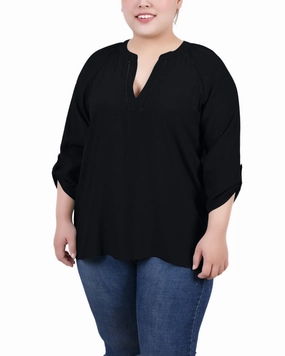 Plus Size Raglan Sleeve Split Neck Blouse Recycled Polyester Material