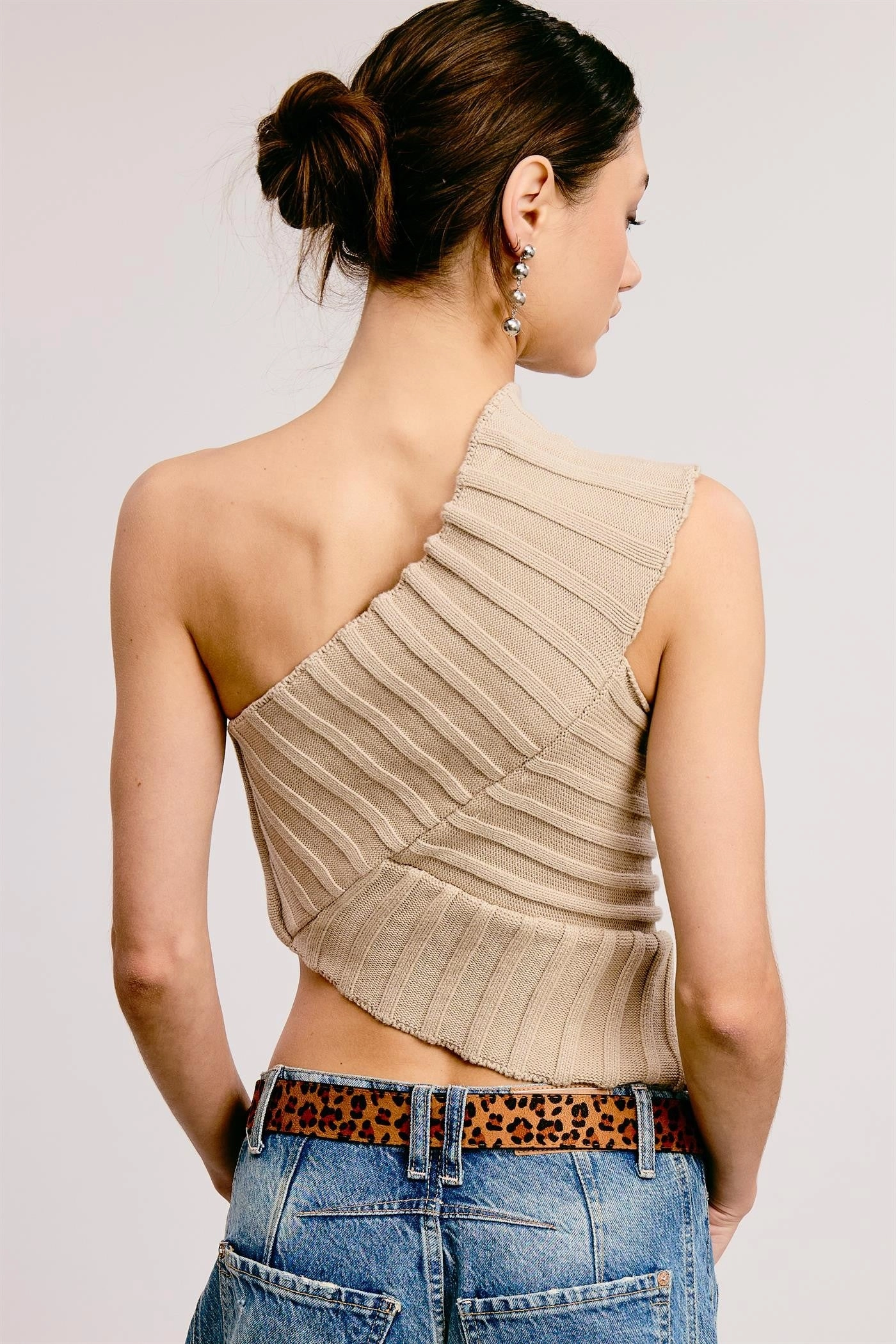 Antibacterial Fabric LightweightLayeredFabric One-Shoulder Ribbed Knit Top - Mushroom