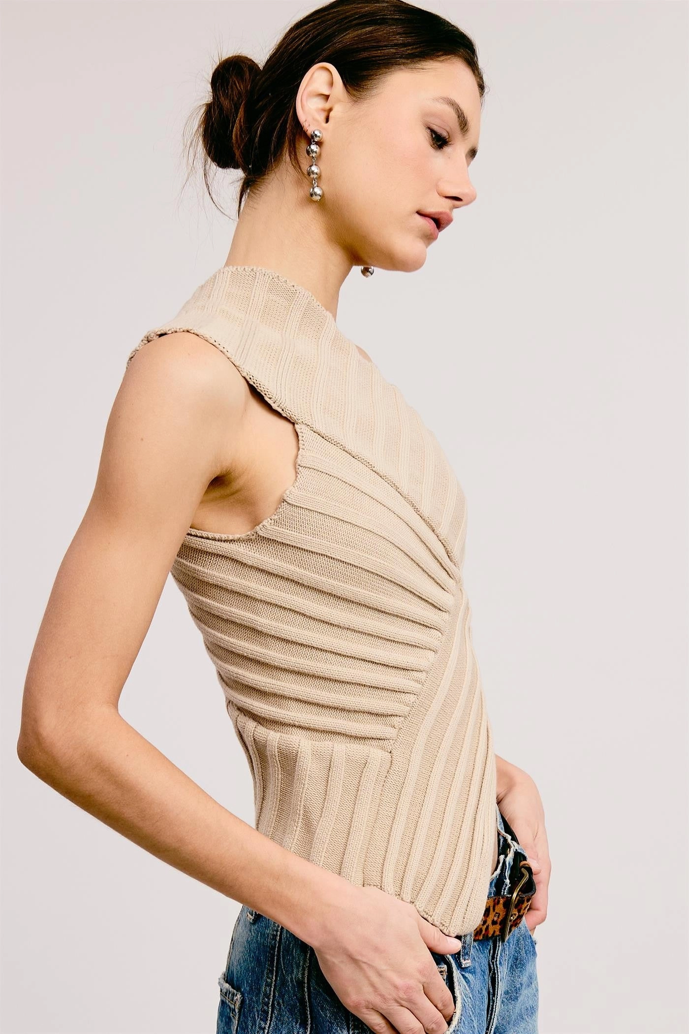 One-Shoulder Ribbed Knit Top - Mushroom Placket Detailing Snag Resistant Surface