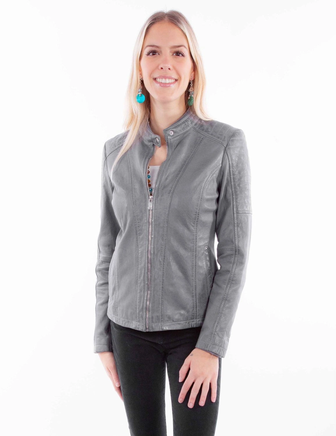 Reflective Safety Trim Scully Womens Zip Cafe Racer Sky Leather Leather Jacket