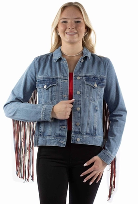 Basic Essential Layer Breathable Technology Scully Womens Americana Denim Fringe Red/White/Blue Cotton Blend Cotton Jacket