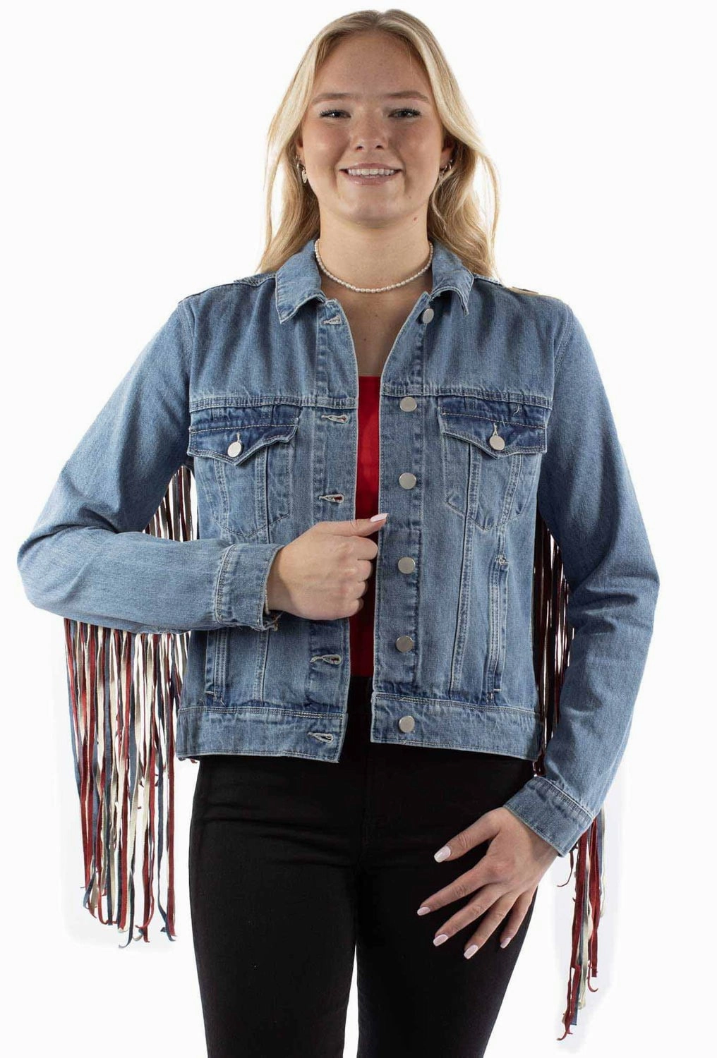Basic Essential Layer Breathable Technology Scully Womens Americana Denim Fringe Red/White/Blue Cotton Blend Cotton Jacket