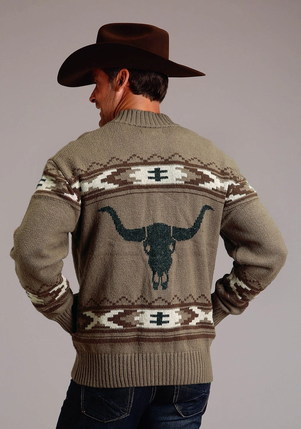 Eco Dye Technique Stetson Mens Long Horn Zip Brown Cotton/Wool L/S Cardigan Sweater