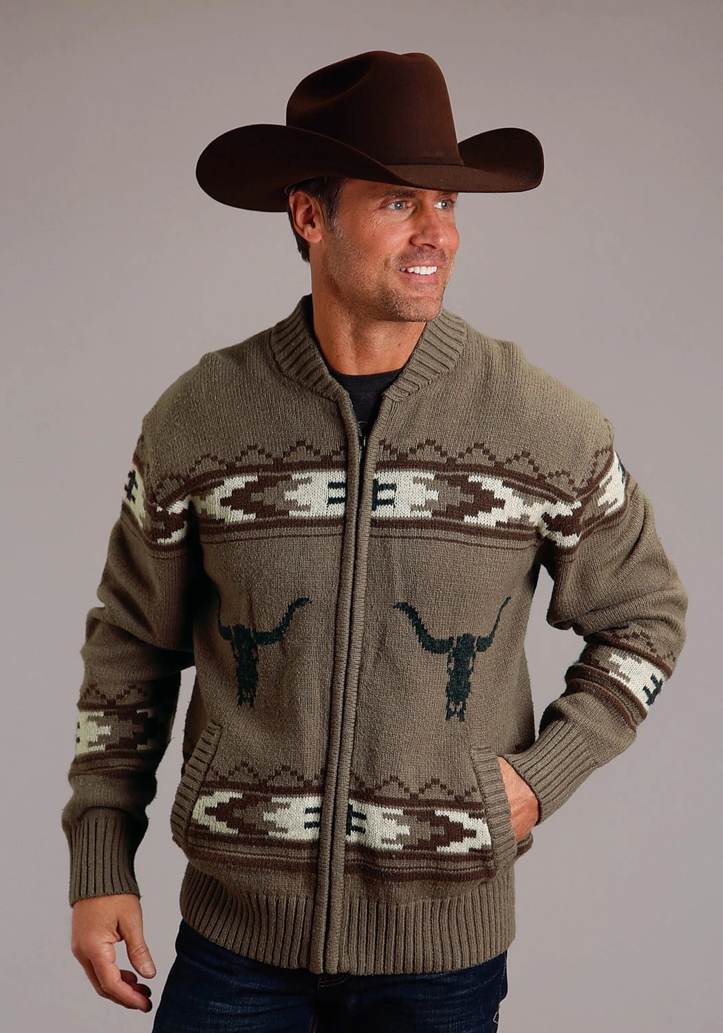 Stetson Mens Long Horn Zip Brown Cotton/Wool L/S Cardigan Sweater Fashion Statement Sustainable fashion